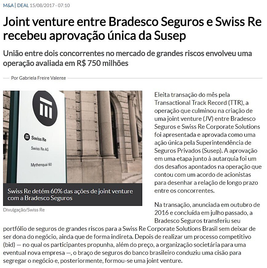 Joint venture entre Bradesco Seguros e Swiss Re recebeu aprovao nica da Susep